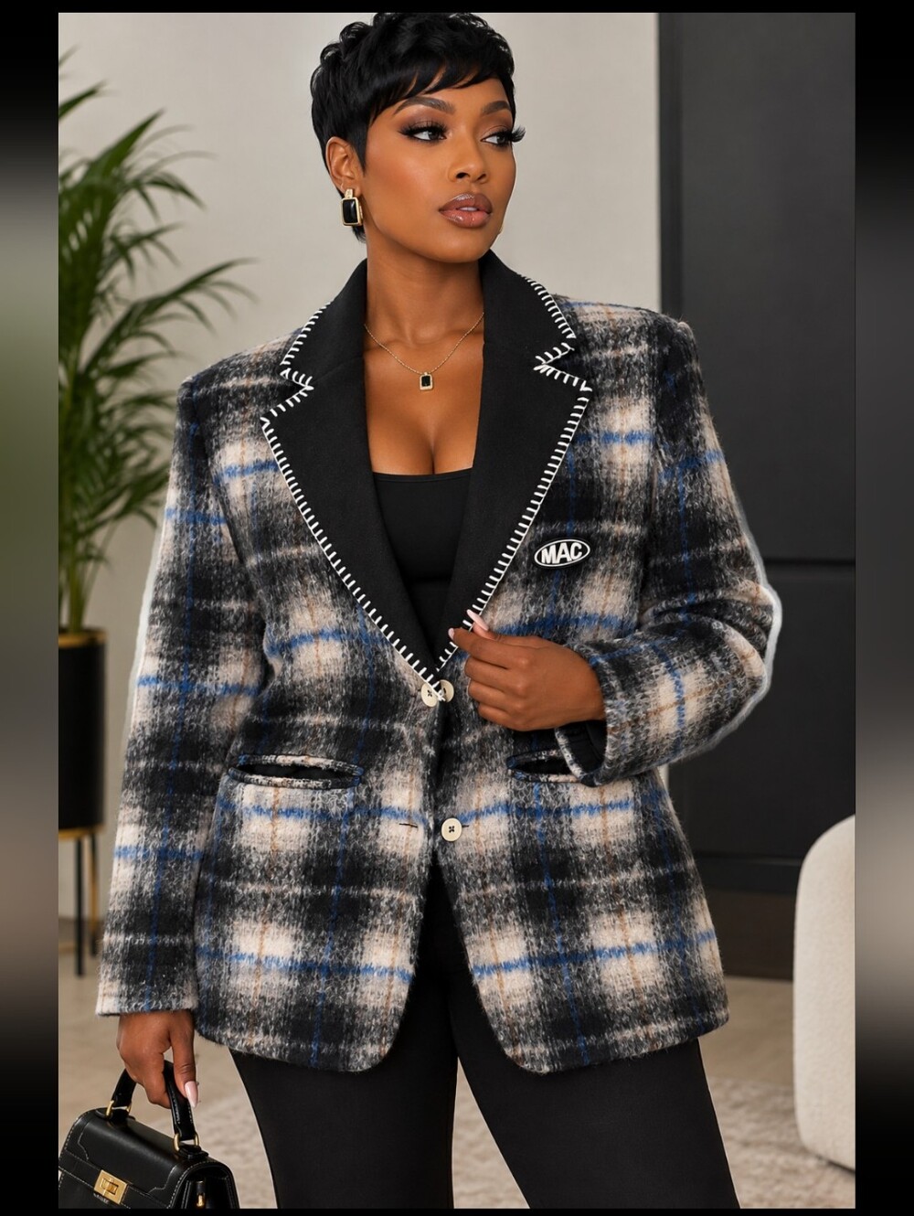 Checked Plaid Blazer Jacket with Contrast Black Lapel - Blue/Black